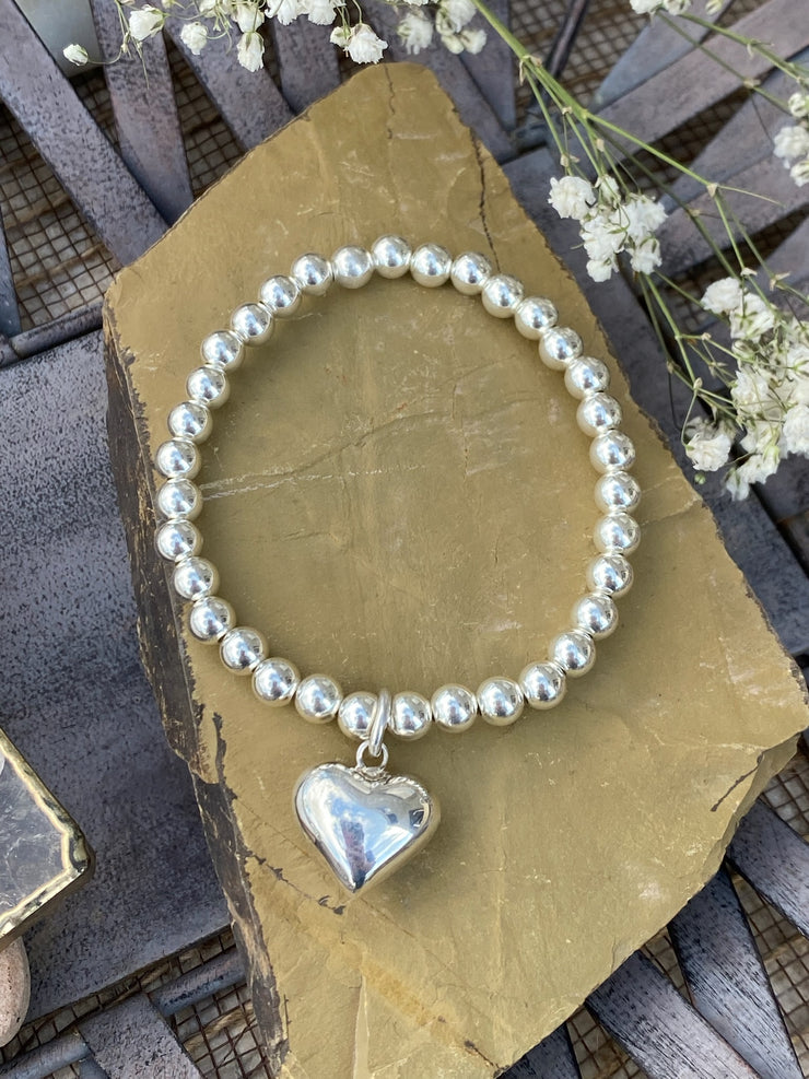 Silver Puffy Heart Charm Bracelet